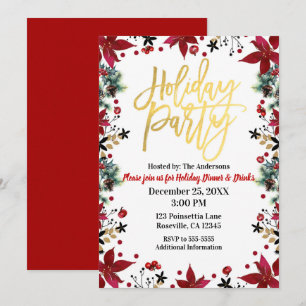 Invitación Fiesta Navideña Floral de Nochebuena Dorada Navida