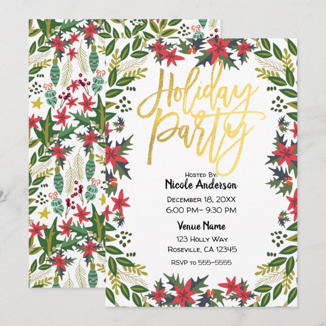 Invitación Fiesta Navideña Floral Rústica con Letra Dorada (Anverso / Reverso)