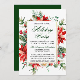 Invitación Fiesta Navideña Floral Verde de Poinsettia Acuarel