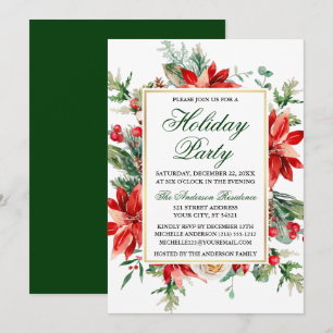 Invitación Fiesta Navideña Floral Verde de Poinsettia Acuarel