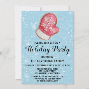 Invitación Fiesta Navideña Galleta Mitón Rojo y Blanco Azul N