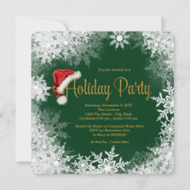 Invitación Fiesta navideña Green Gold Santa Hat Snowflake