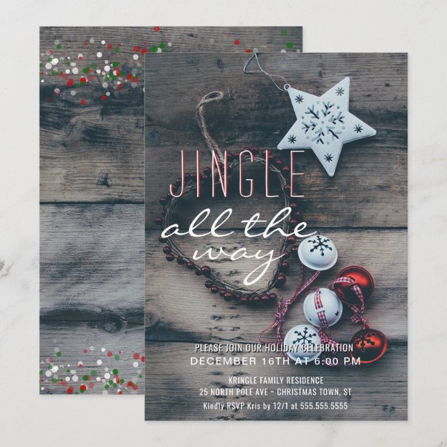 Invitación Fiesta navideña jingle rústico en la madera (Anverso / Reverso)