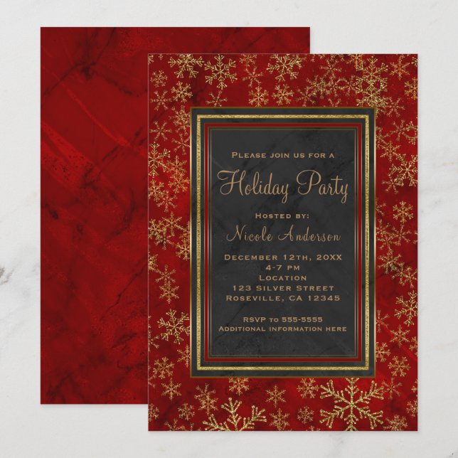 Invitación Fiesta Navideña Mármol Rojo Copos de Nieve Dorados (Anverso / Reverso)
