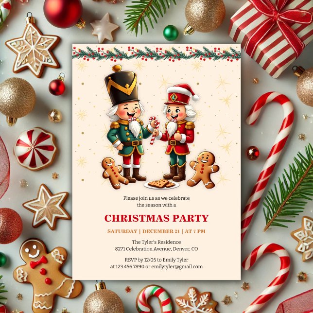 Invitación Fiesta Navideña Moderna de Cascanueces de Jengibre (Modern and Festive Gingerbread Nutcracker Christmas Party Invitation)