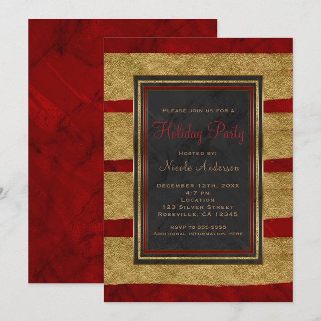 Invitación Fiesta Navideña Moderno Mármol Rojo & Dorado Navid (Anverso / Reverso)