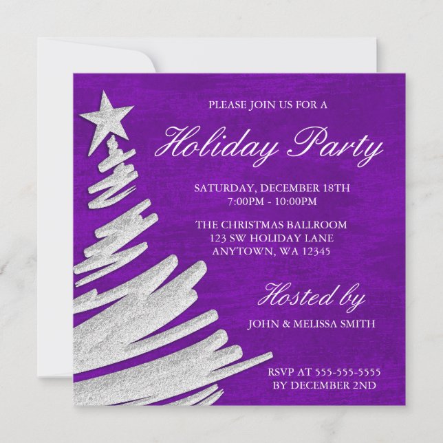 Invitación Fiesta navideña púrpura y plateada (Anverso)