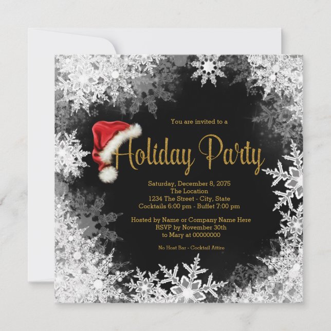 Invitación Fiesta navideña Red Black Gold Santa Hat Snack con (Anverso)
