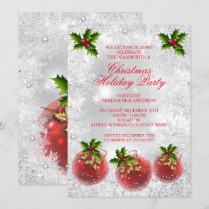 Invitación Fiesta navideña Red Holly Bauble Silver