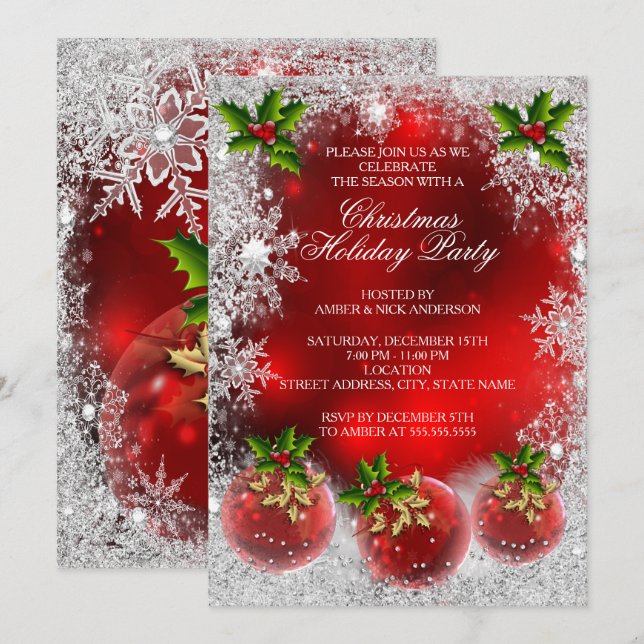 Invitación Fiesta navideña Red Holly Bauble Snowflake (Anverso / Reverso)