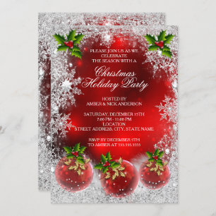 Invitación Fiesta navideña Red Holly Bauble Snowflake