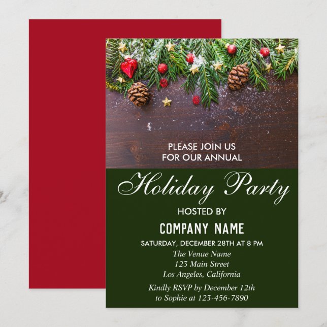 Invitación Fiesta Navideña Rústica de la Empresa en Rojo y Ve (Anverso / Reverso)
