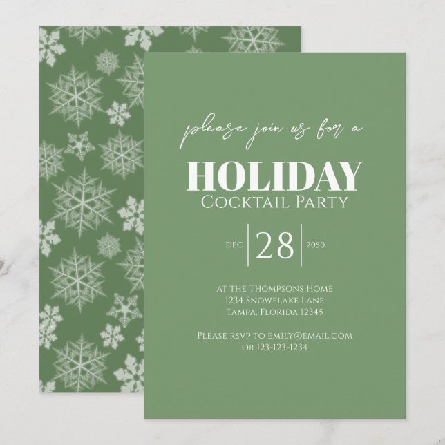 Invitación Fiesta Navideña Simple Verde Copo de Nieve (Anverso / Reverso)