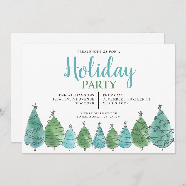 Invitación Fiesta navideña verde acuarela (Anverso / Reverso)
