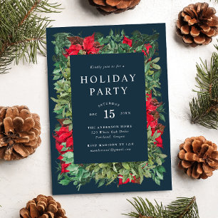 Invitación Fiesta Navideña Vintage Poinsettias & Greenery Nav
