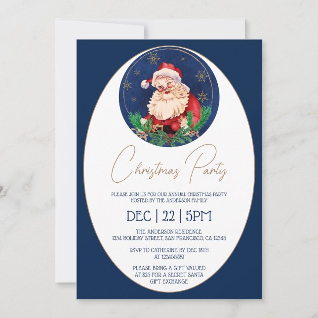 Invitación Fiesta navideño elegante de color azul Santa Claus (Anverso)