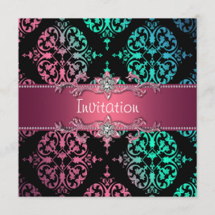Invitación Fiesta negro de damasco arco iris
