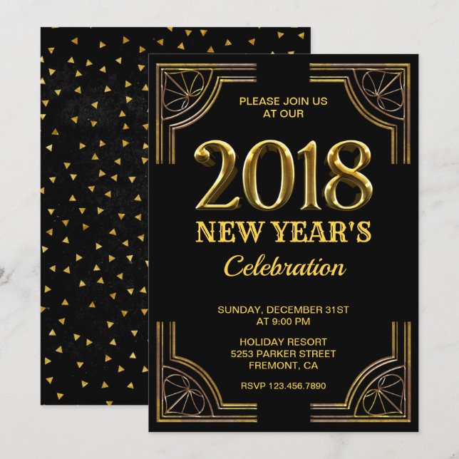 Invitación Fiesta negro de Noche Vieja del art déco 2018 del (Anverso / Reverso)