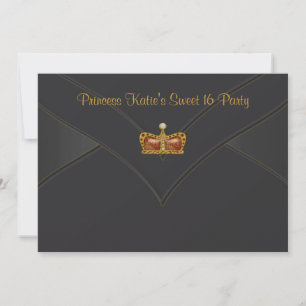 Invitación Fiesta negro de princesa Crown Sweet 16 del oro