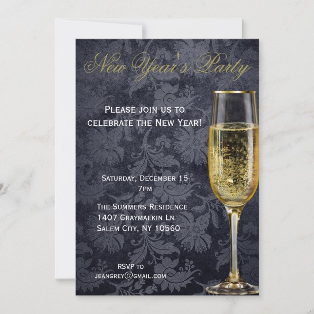 Invitación Fiesta negro elegante de Champagne de Año Nuevo (Anverso)