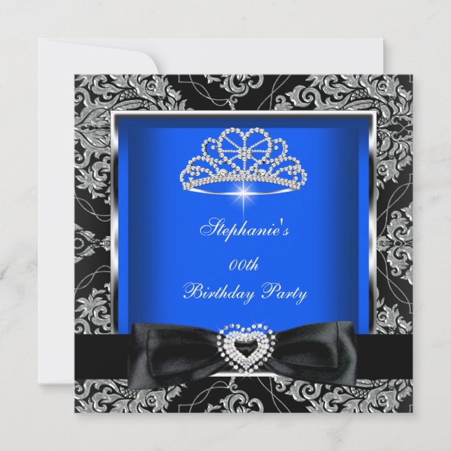 Invitación Fiesta negro elegante Royal Blue Damask Silver (Anverso)