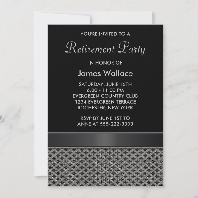 Invitación Fiesta negro gris de jubilación (Anverso)