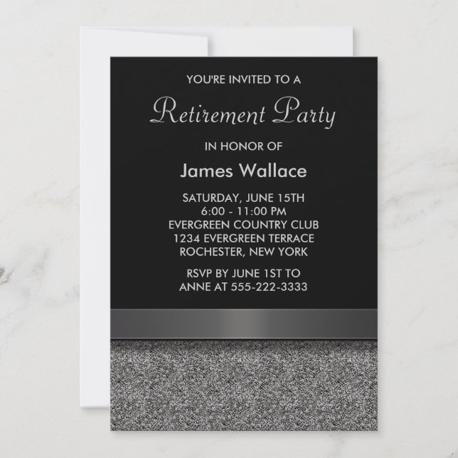 Invitación Fiesta negro gris de jubilación (Anverso)