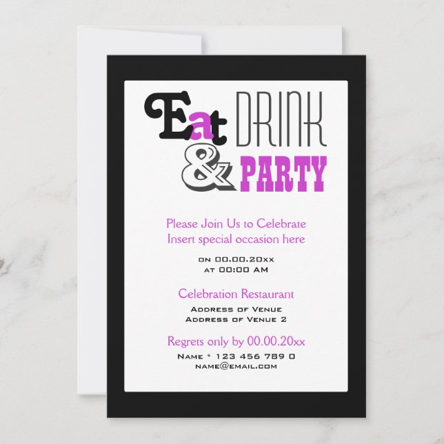 Invitación fiesta negro morado "come bebe y" elegante (Anverso)