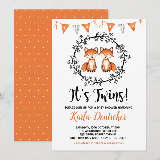 Invitación Fiesta negro Naranja Baby Shower de los gemelos mo (Anverso / Reverso)