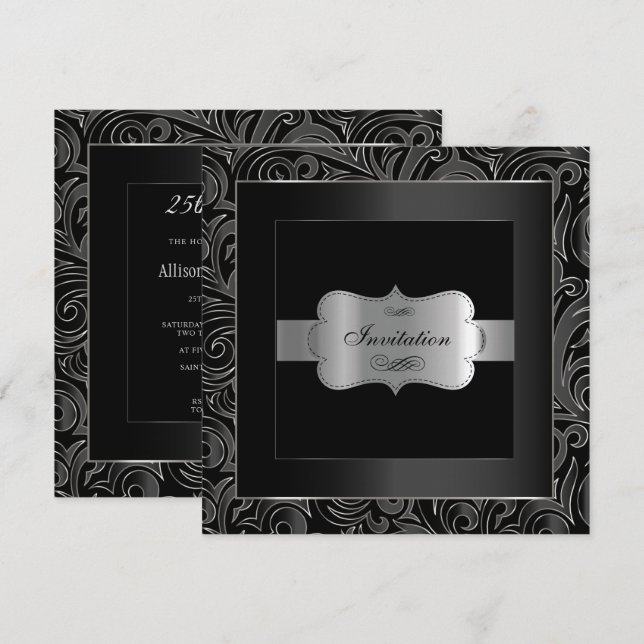 Invitación Fiesta negro y plateado abstracto| Aniversario (Anverso / Reverso)