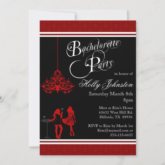 Invitación Fiesta negro y rojo de Bachelorette de la lámpara (Anverso)