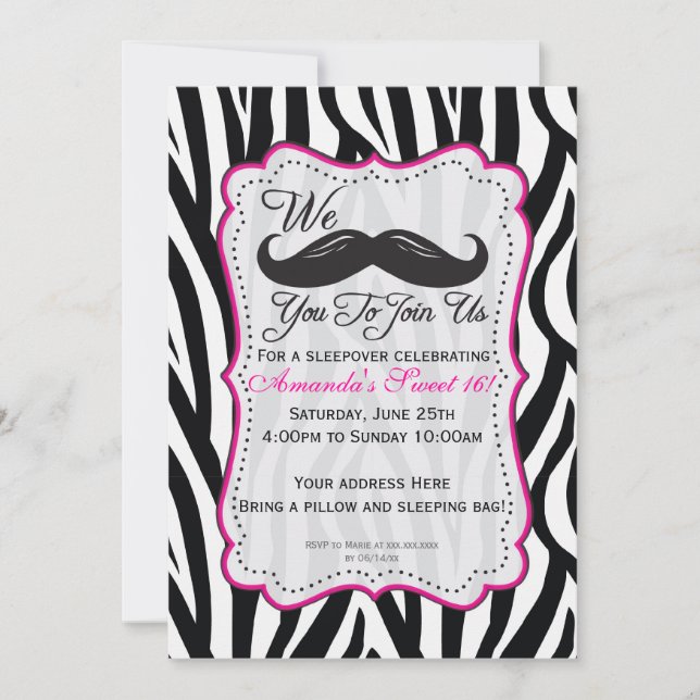 Invitación Fiesta negro y rosado del Sleepover del bigote de (Anverso)
