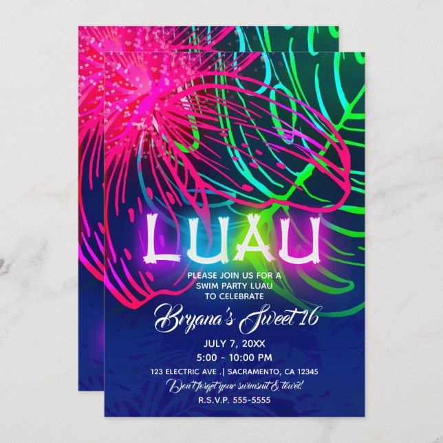 Invitación Fiesta Neon Aloha de la Noche tropical del Luau El (Anverso / Reverso)