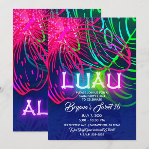 Invitación Fiesta Neon Aloha Noche Tropical Luau Eléctrica