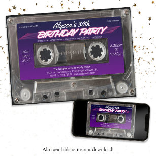 Invitación Fiesta Neon Purple de Mixtape Cassette Retro 80