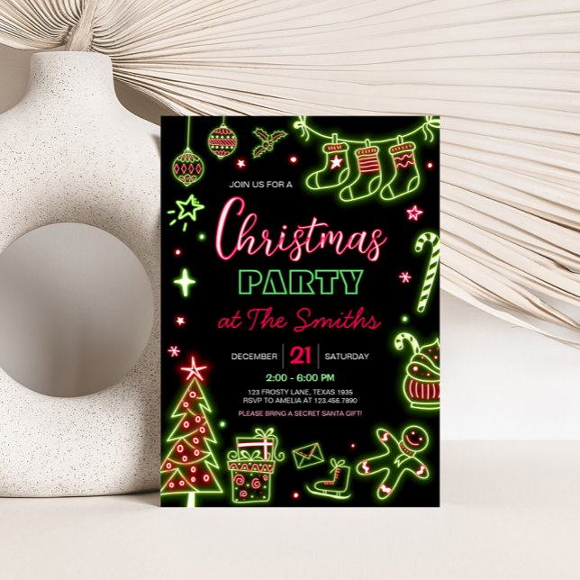 Invitación Fiesta Neon Santa Navidades moderno (Neon Santa Modern Christmas Party Invitation)