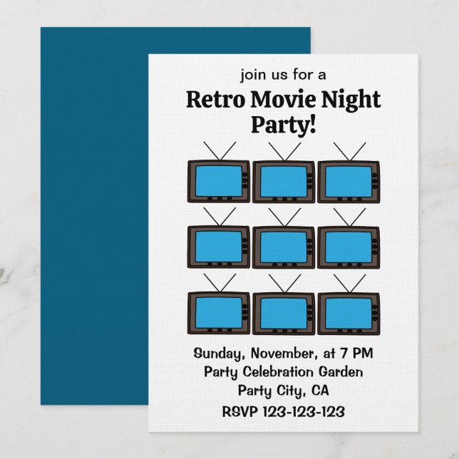 Invitación Fiesta Noche de Película Televisión Antigua Vintag (Anverso / Reverso)