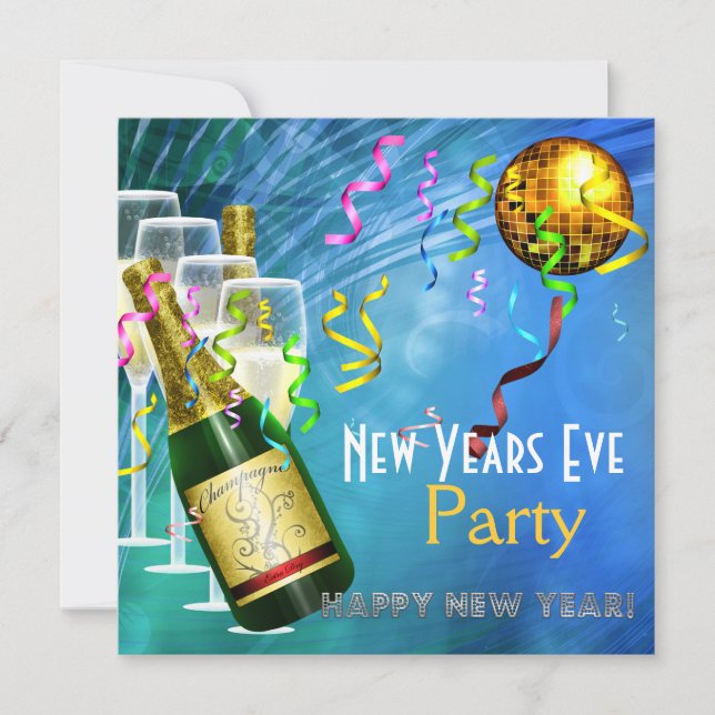 Invitación Fiesta Nochevieja Azul Oro (Anverso)