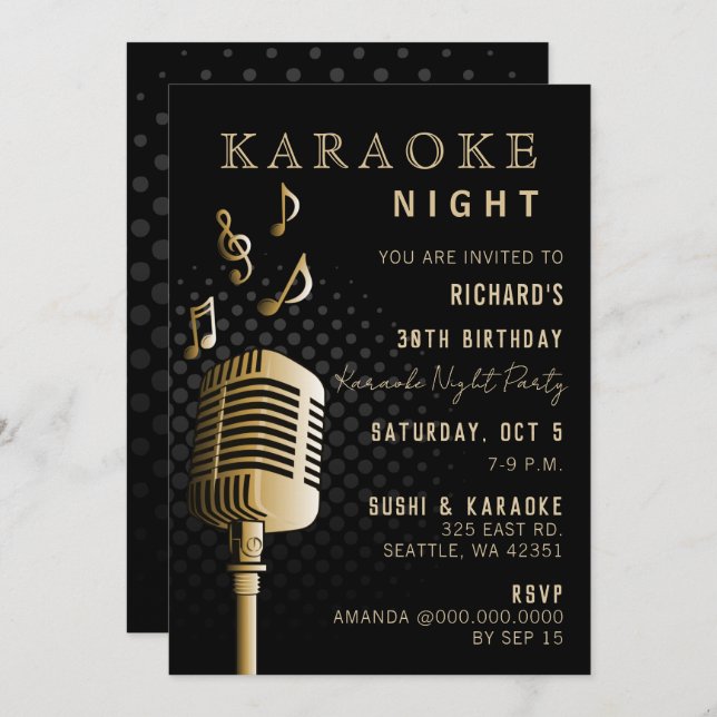 Invitación Fiesta nocturno Black Gold 30 Birthday Karaoke (Anverso / Reverso)