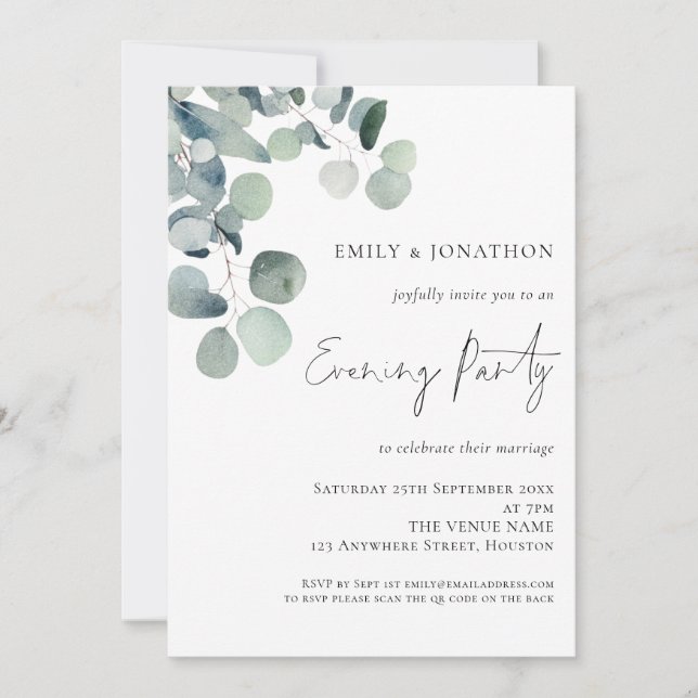 Invitación Fiesta nocturno de acuarela Eucalyptus Boda (Anverso)