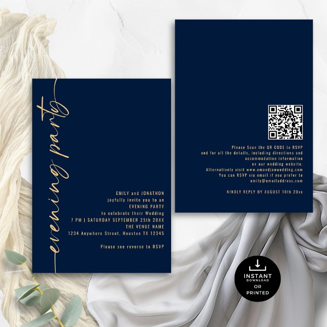 Invitación Fiesta nocturno de Boda de oro de la Marina QR (Front and back view)