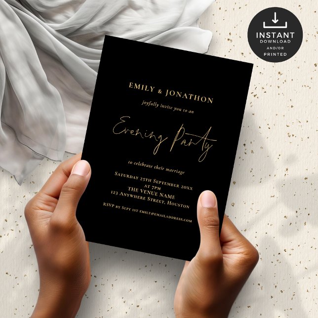 Invitación Fiesta nocturno de Boda negro con guión dorado (Subido por el creador)