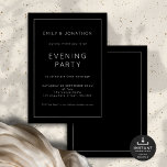 Invitación Fiesta nocturno de Boda negro de borde de línea de<br><div class="desc">Simple Fiesta de la noche de Boda negro de borde de línea de texto blanco. Totalmente personalizable. Disponible digitalmente e impreso. Fácil de personalizar el texto a sus detalles y cambiar los colores de la tipografía y el fondo de cada lado si desea que se le cambie a cualquiera o...</div>