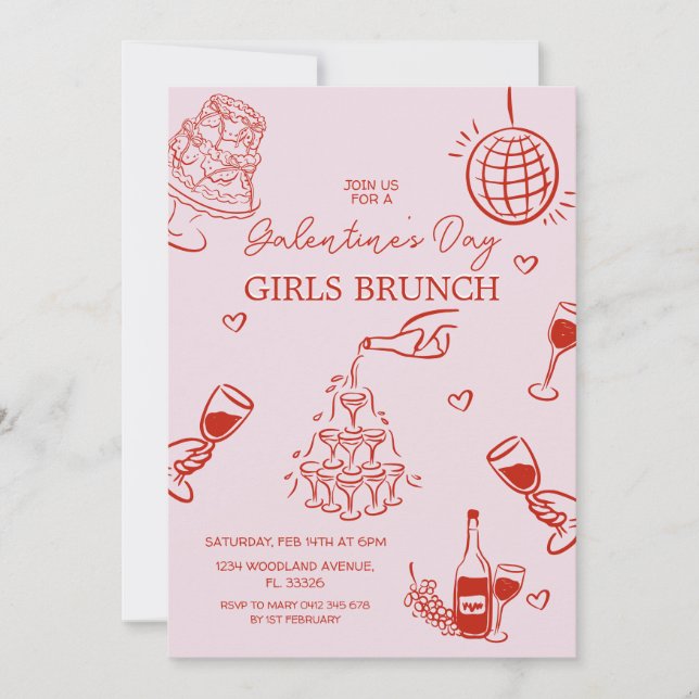 Invitación Fiesta Nocturno de Chicas de Galentine Rosa Mano (Anverso)