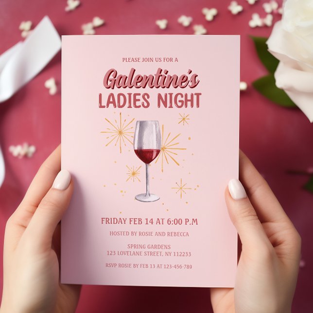 Invitación Fiesta Nocturno de las Damas de Vino de Galentine (wine glass galentines ladies night party invitation )