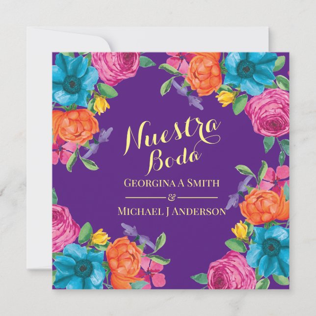 Invitación Fiesta Nuestra Boda Naranja Púrpura Flores Rosa (Anverso)