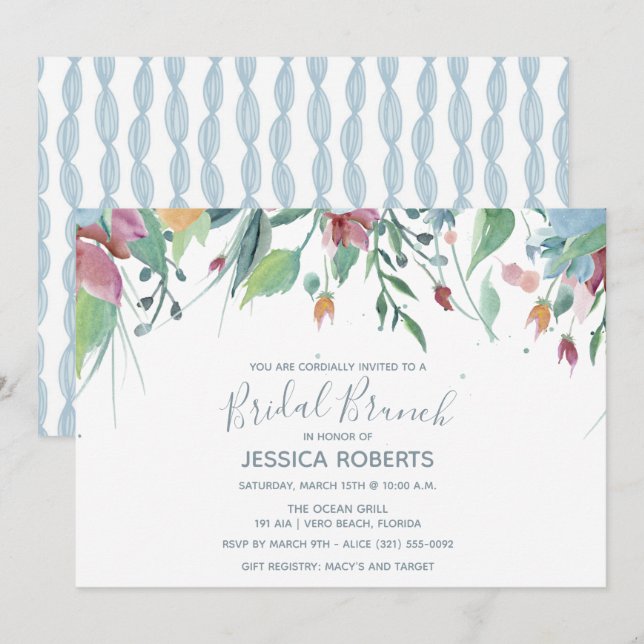 Invitación Fiesta nupcial azul floral del brunch de la (Anverso / Reverso)