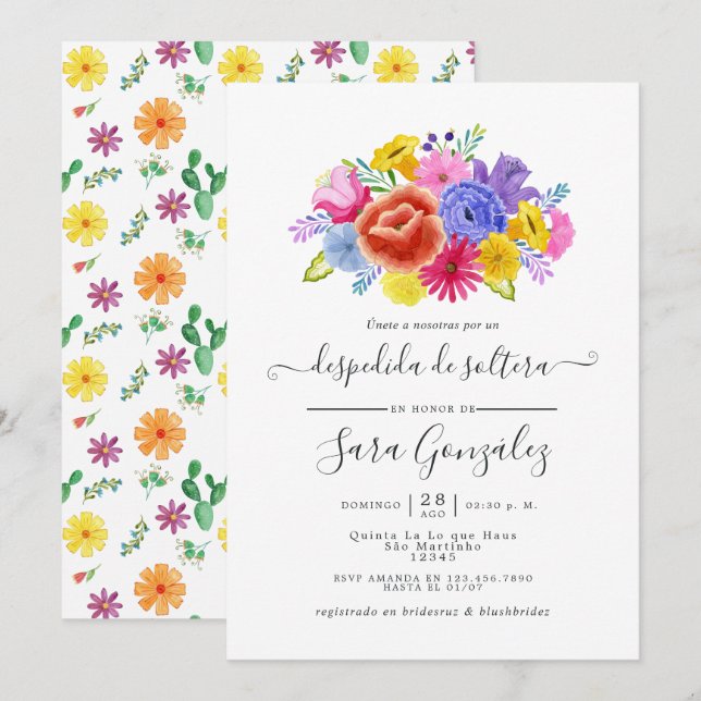 Invitación Fiesta Nupcial Española de Floral en Acuarela (Anverso / Reverso)