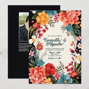 Invitación Fiesta Nupcial Floral Vibrante y Audaz Foto y Códi