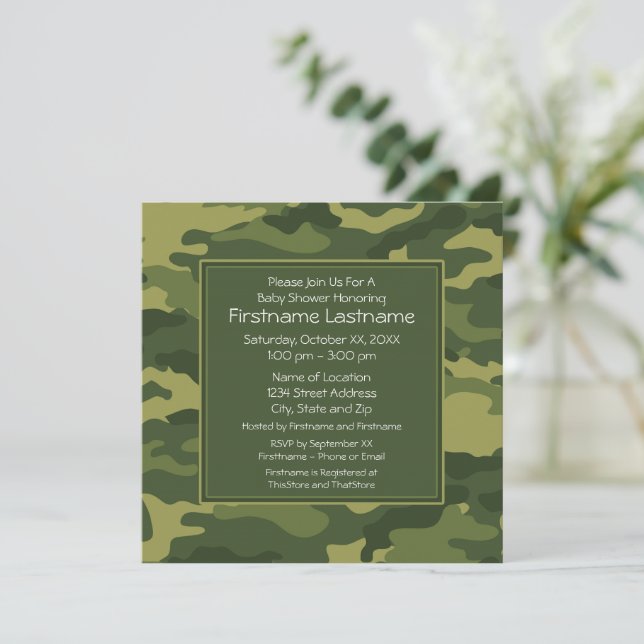 Invitación Fiesta o Baby Shower de Camuflaje (Anverso de pie)